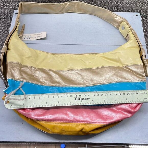 Vintage Shoulder Bag Medium Rainbow Vegan Leather Hobo Patchwork 80s‎ 90s Theme - Picture 3 of 8